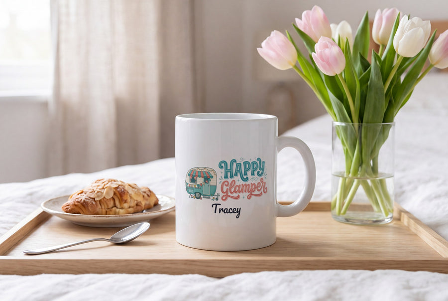 Lifestyle: Personalised Happy Glamper Caravan Mug