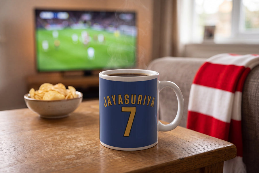 Lifestyle: Personalised Blue and Yellow Cricket Shirt Mug