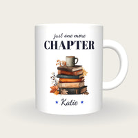 Personalised Autumn Books And Tea Mug, Just One More Chapter, front