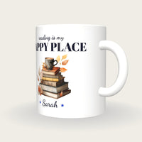Personalised Autumn Books And Tea Mug, Reading Is My Happy Place, three-quarter view