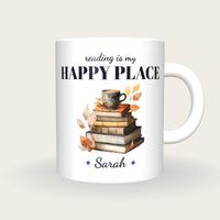 Personalised Autumn Books And Tea Mug, Reading Is My Happy Place, front