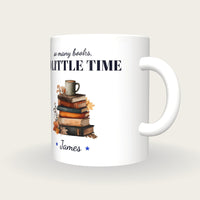 Personalised Autumn Books And Tea Mug, So Many Books So Little Time, three-quarter view