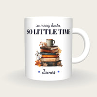 Personalised Autumn Books And Tea Mug, So Many Books So Little Time, front