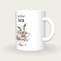 Personalised Baby Goat Teacup Mug, But First Tea, three-quarter view