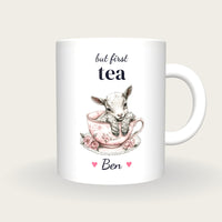 Personalised Baby Goat Teacup Mug, But First Tea, front