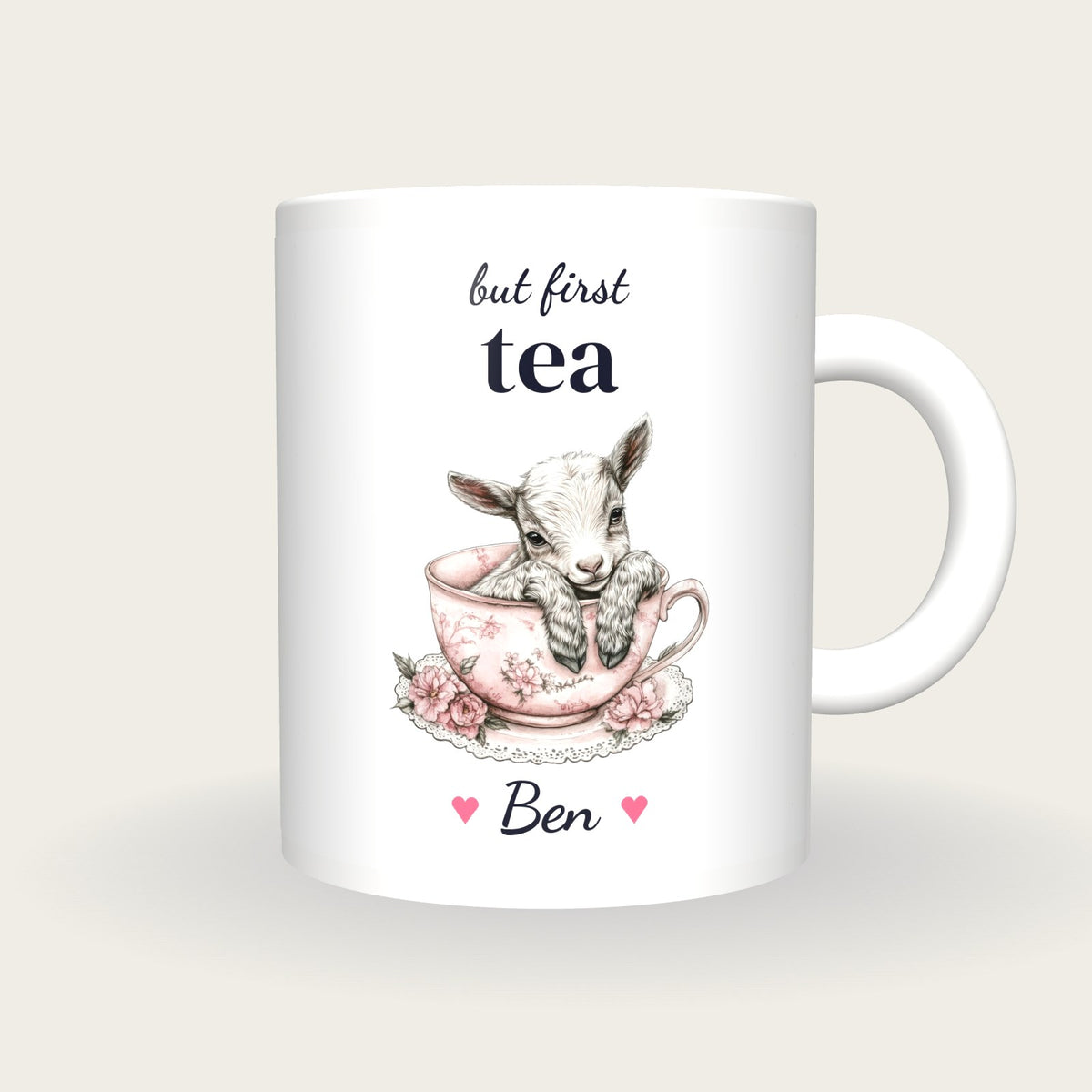 Personalised Baby Goat Teacup Mug, But First Tea, front