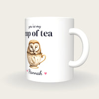 Personalised Barn Owl Teacup Mug, You're My Cup Of Tea, three-quarter view