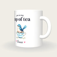 Personalised Bluebird Teacup Mug, You're My Cup Of Tea, three-quarter view