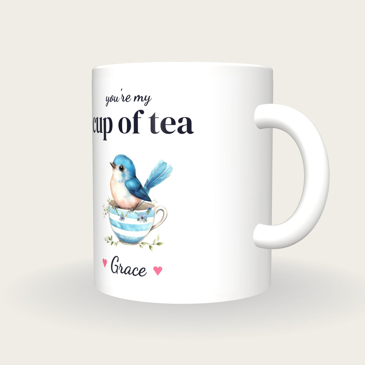 Personalised Bluebird Teacup Mug, You're My Cup Of Tea, three-quarter view