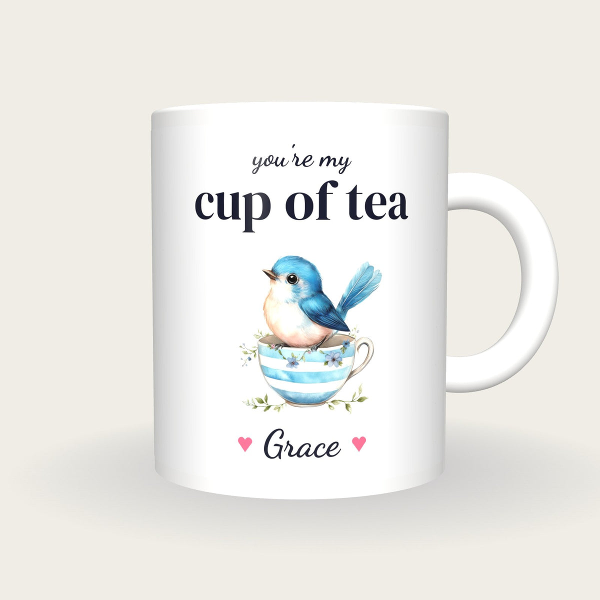 Personalised Bluebird Teacup Mug, You're My Cup Of Tea, front