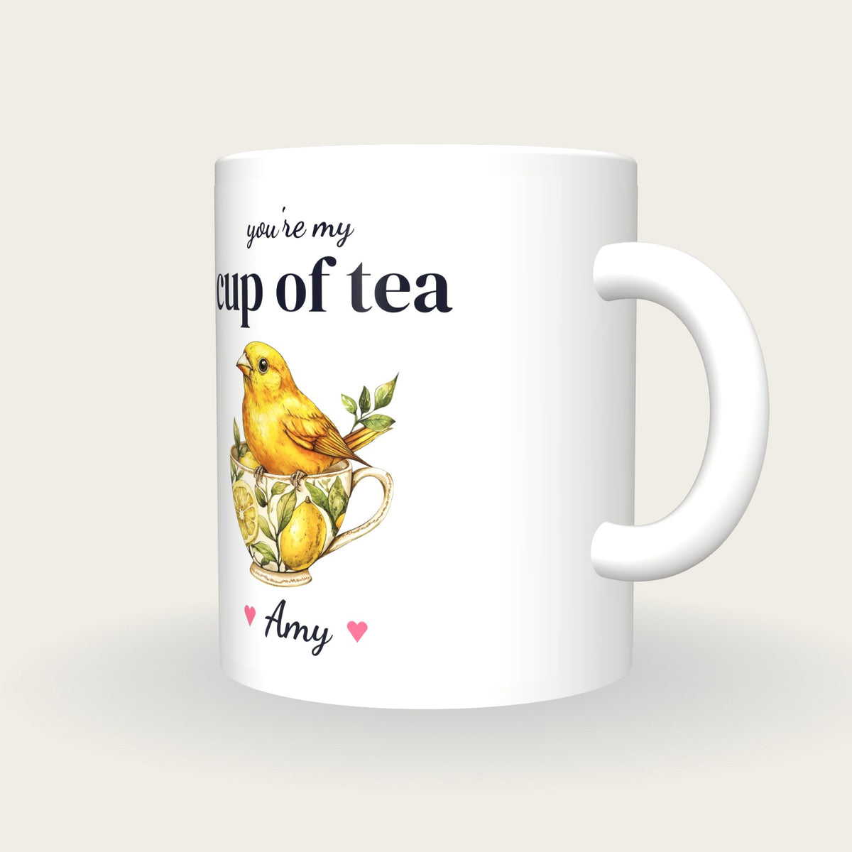 Personalised Canary Teacup Mug, You're My Cup Of Tea, three-quarter view