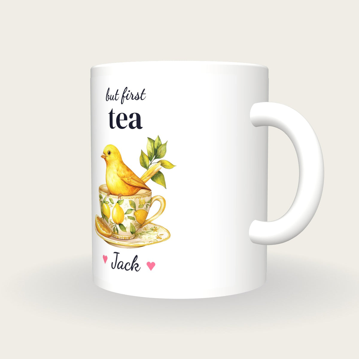 Personalised Canary Teacup Mug, But First Tea, three-quarter view