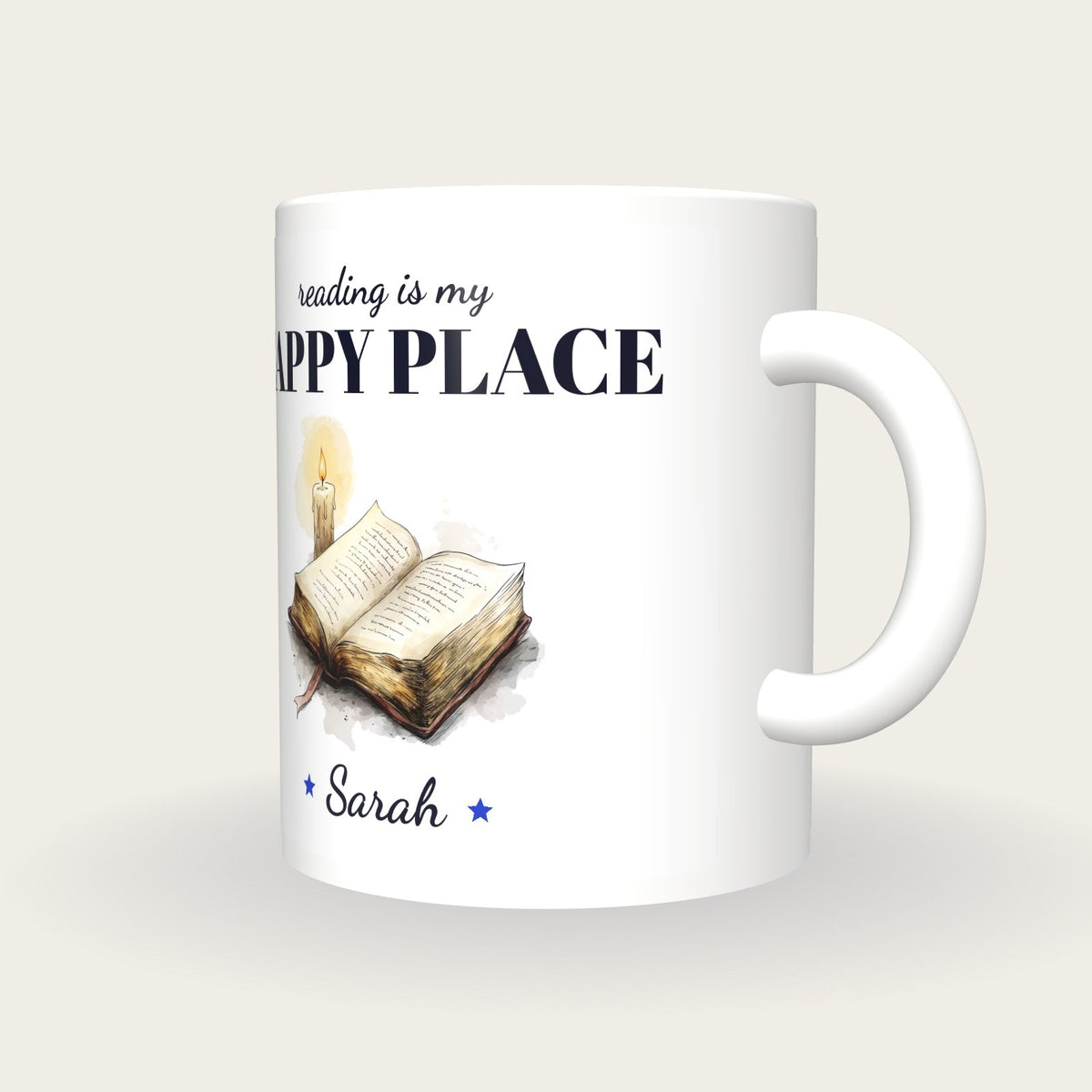 Personalised Reading By Candlelight Mug, Reading Is My Happy Place, three-quarter view