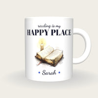 Personalised Reading By Candlelight Mug, Reading Is My Happy Place, front