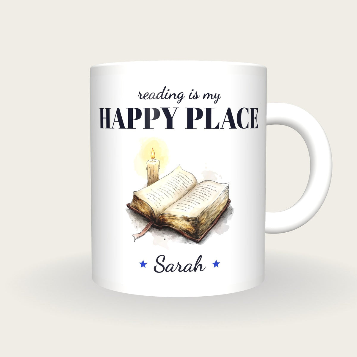 Personalised Reading By Candlelight Mug, Reading Is My Happy Place, front