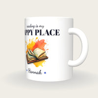 Personalised Splash Book Mug, Reading Is My Happy Place, three-quarter view