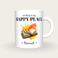 Personalised Splash Book Mug, Reading Is My Happy Place, front