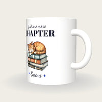 Personalised Cat Asleep On Books Mug, Just One More Chapter, three-quarter view