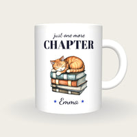 Personalised Cat Asleep On Books Mug, Just One More Chapter, front