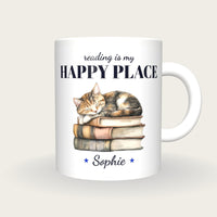 Personalised Cat Asleep On Books Mug, Reading Is My Happy Place, front