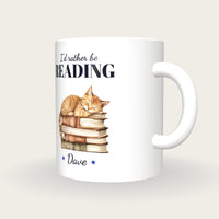 Personalised Cat Asleep On Books Mug, I'd Rather Be Reading, three-quarter view