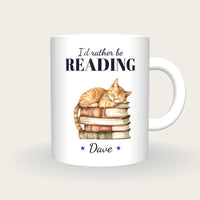 Personalised Cat Asleep On Books Mug, I'd Rather Be Reading, front