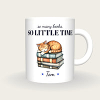 Personalised Cat Asleep On Books Mug, So Many Books So Little Time, front