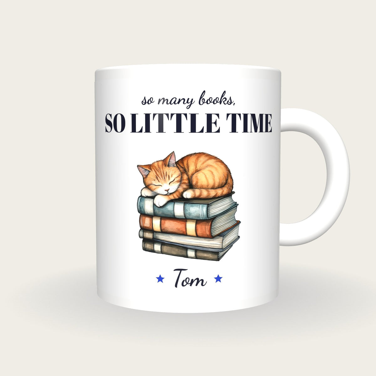 Personalised Cat Asleep On Books Mug, So Many Books So Little Time, front