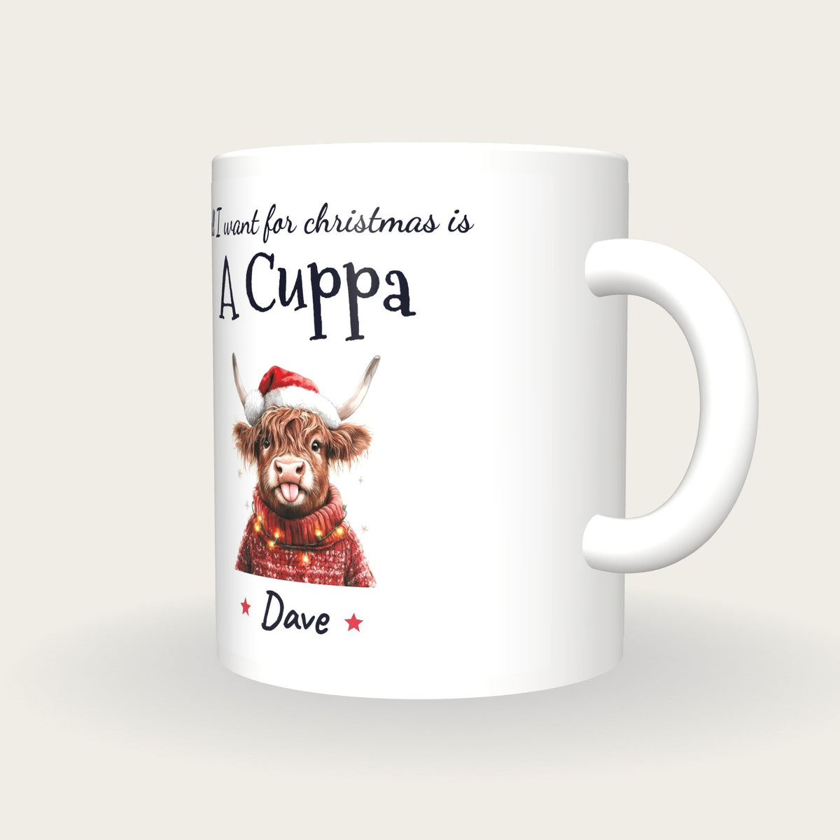 Personalised Christmas Highland Cow Mug, All I Want For Christmas Is A Cuppa, three-quarter view