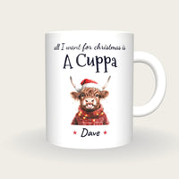 Personalised Christmas Highland Cow Mug, All I Want For Christmas Is A Cuppa, front