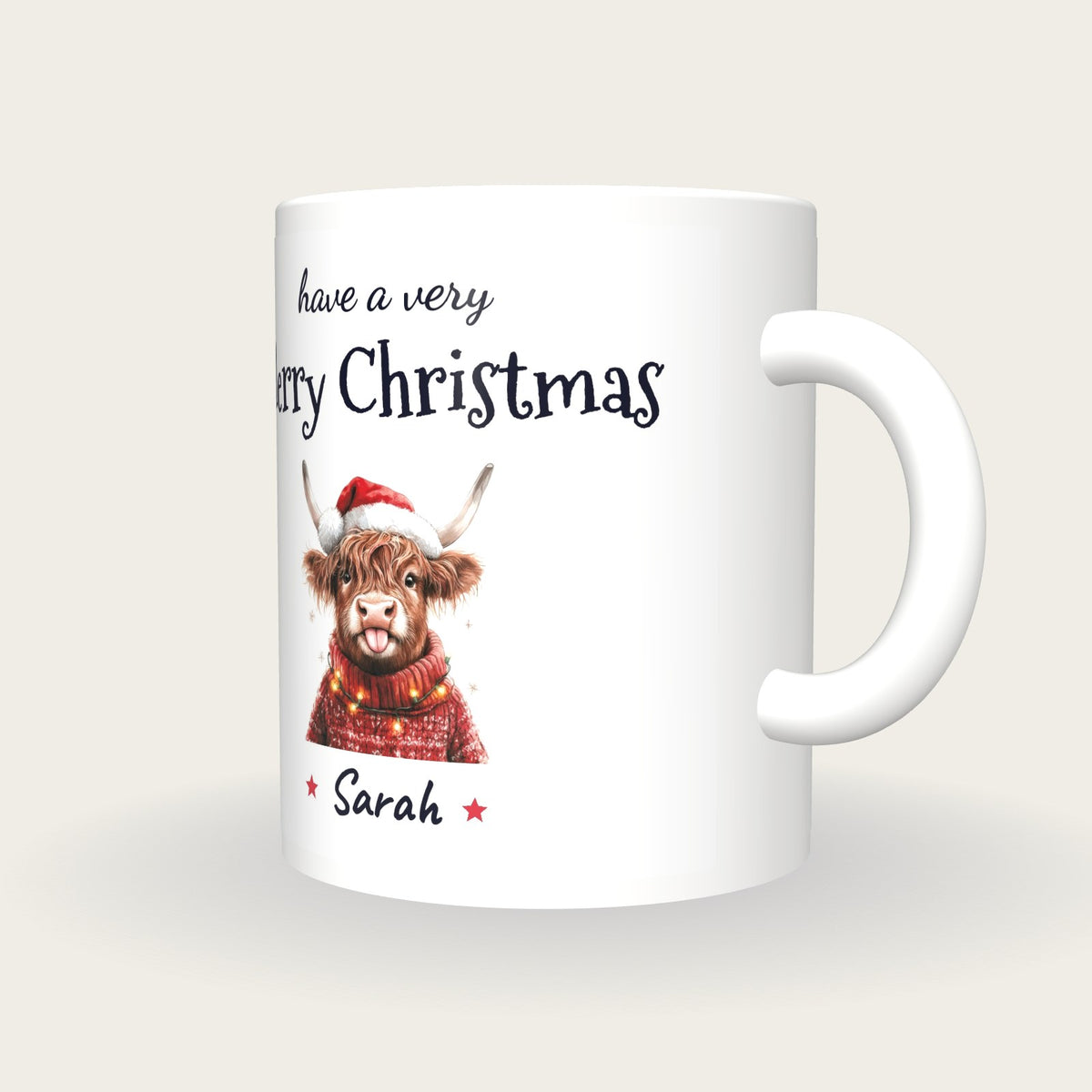 Personalised Christmas Highland Cow Mug, Merry Christmas, three-quarter view