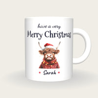 Personalised Christmas Highland Cow Mug, Merry Christmas, front
