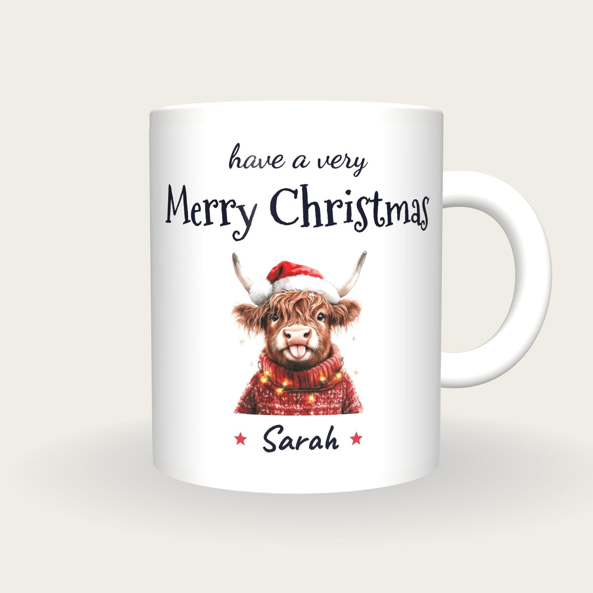Personalised Christmas Highland Cow Mug, Merry Christmas, front