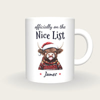 Personalised Christmas Highland Cow Mug, On The Nice List, front
