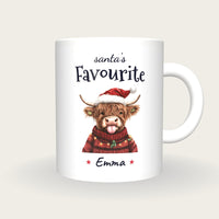 Personalised Christmas Highland Cow Mug, Santa's Favourite, front