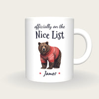 Personalised Christmas Jumper Bear Mug, On The Nice List, front