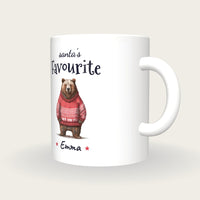 Personalised Christmas Jumper Bear Mug, Santa's Favourite, three-quarter view