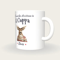 Personalised Christmas Jumper Deer Mug, All I Want For Christmas Is A Cuppa, three-quarter view