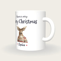 Personalised Christmas Jumper Deer Mug, Merry Christmas, three-quarter view