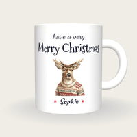 Personalised Christmas Jumper Deer Mug, Merry Christmas, front