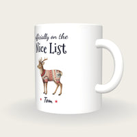 Personalised Christmas Jumper Deer Mug, On The Nice List, three-quarter view