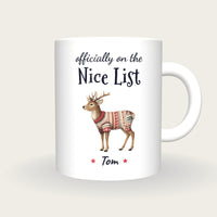 Personalised Christmas Jumper Deer Mug, On The Nice List, front