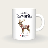 Personalised Christmas Jumper Deer Mug, Santa's Favourite, front