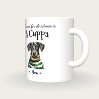 Personalised Christmas Jumper Dog Mug, All I Want For Christmas Is A Cuppa, three-quarter view