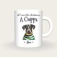 Personalised Christmas Jumper Dog Mug, All I Want For Christmas Is A Cuppa, front