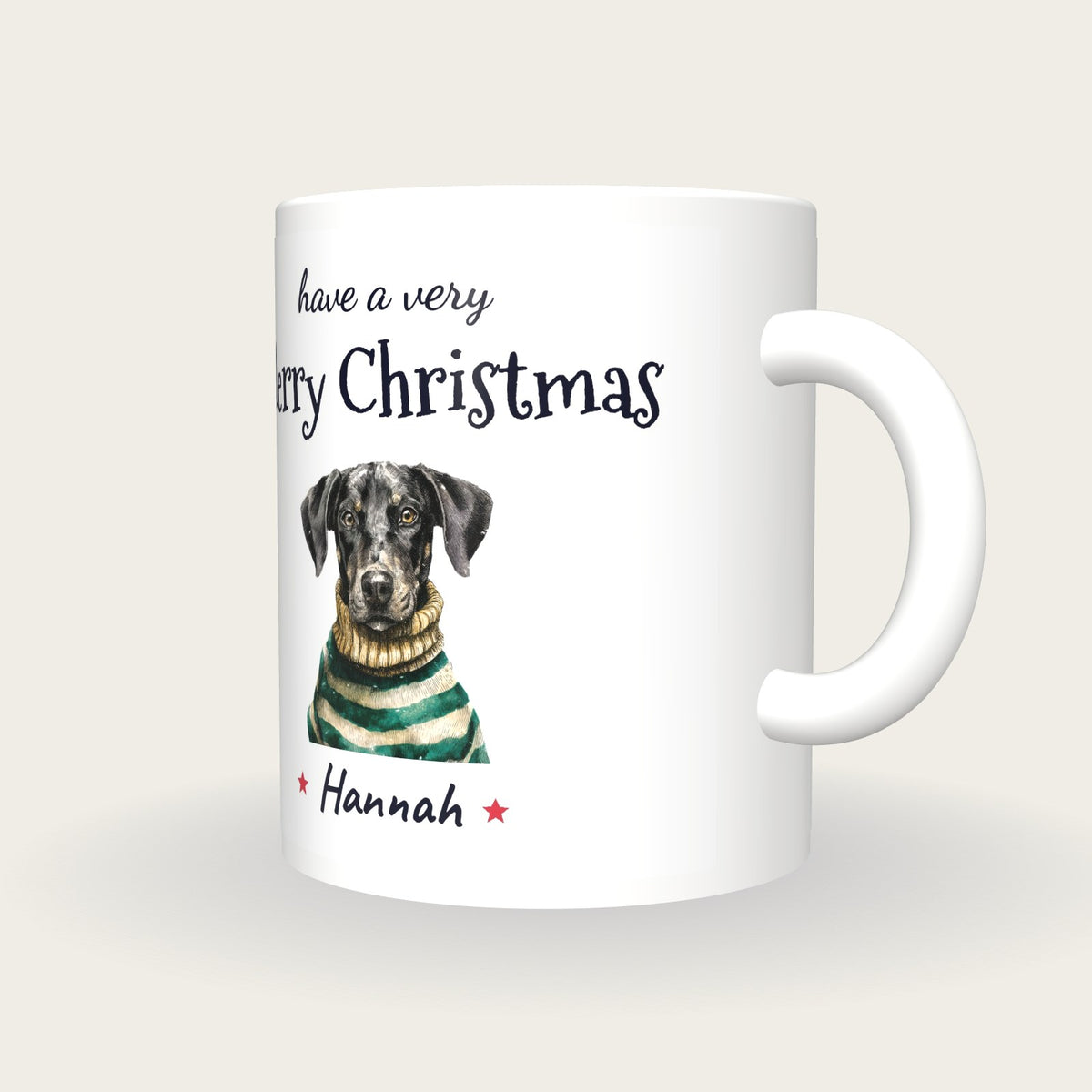 Personalised Christmas Jumper Dog Mug, Merry Christmas, three-quarter view