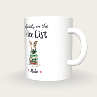 Personalised Christmas Jumper Dog Mug, On The Nice List, three-quarter view