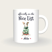 Personalised Christmas Jumper Dog Mug, On The Nice List, front