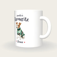 Personalised Christmas Jumper Dog Mug, Santa's Favourite, three-quarter view