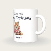 Personalised Christmas Jumper Fox Mug, Merry Christmas, three-quarter view